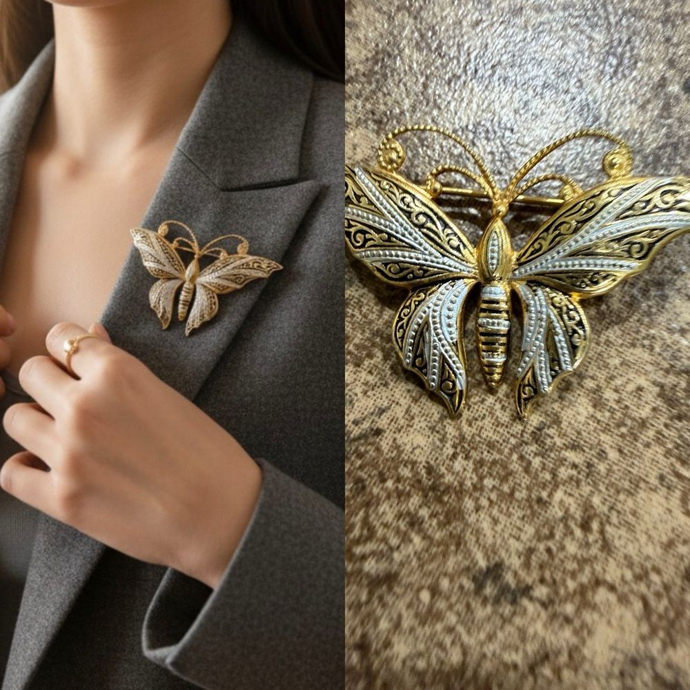 Vintage Spain Butterfly Brooch Gold Black Enamel Damascene Style Statement Pin